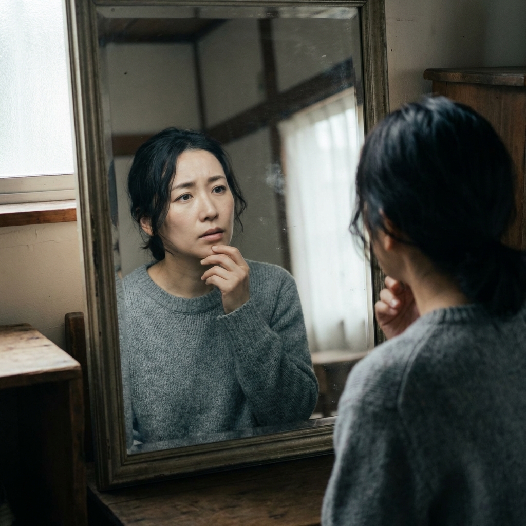 鏡を見つめる女性
